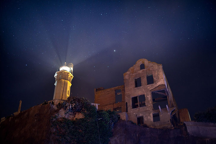 Alcatraz lighthouse at night